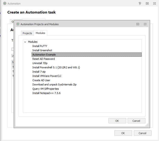 Environment Manager Automation Projects and Modules picker with the Automation Example module selected
