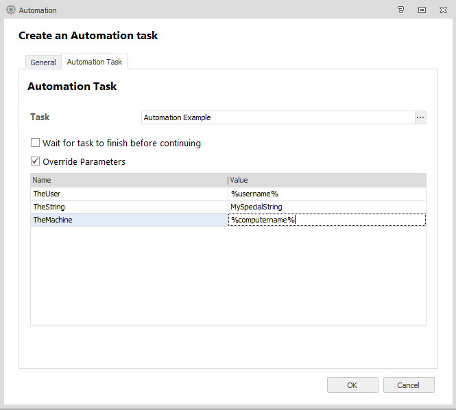 Automation task with Override Parameters checked, passing %username%, MySpecialString and %computername%
