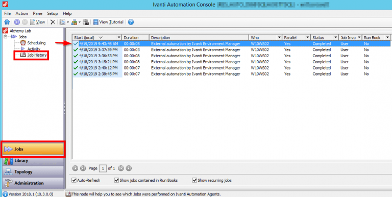Ivanti Automation Job History listing completed external automation jobs run by Environment Manager on W10WS02