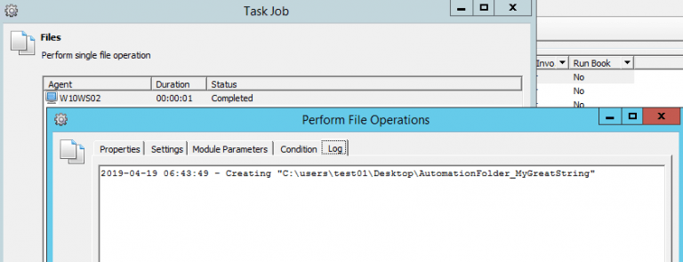 Task job log on agent W10WS02 showing the AutomationFolder_MyGreatString folder being created on the user's desktop