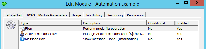 Automation Example module tasks: file operation, Manage Active Directory user and a Done message box