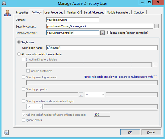Manage Active Directory User settings targeting a single user with logon name $[TheUser]
