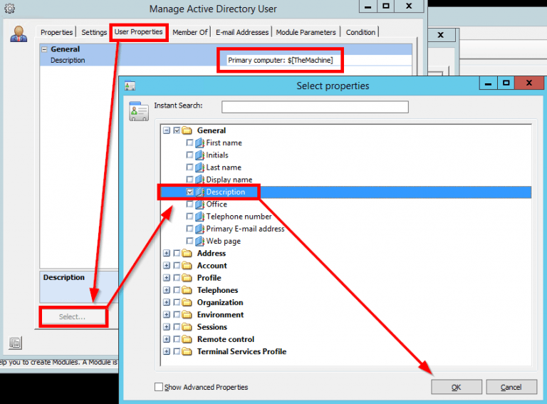 Manage Active Directory User properties setting the Description field to Primary computer: $[TheMachine]
