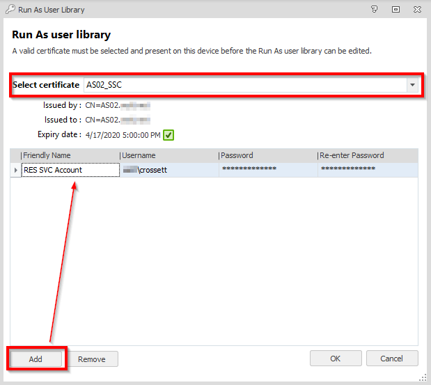 Run As user library with a RES SVC Account service account added under the AS02_SSC certificate