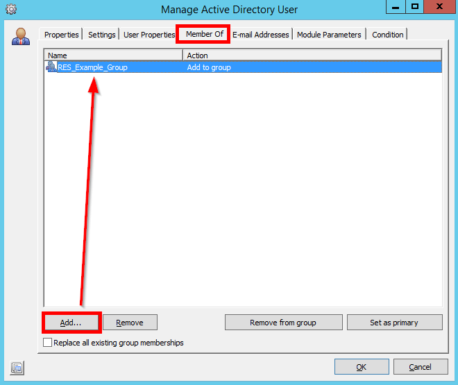Manage Active Directory User Member Of tab adding the user to RES_Example_Group