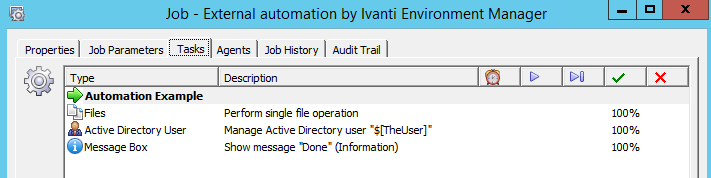 Job History for the Environment Manager automation job showing all three module tasks at 100% success