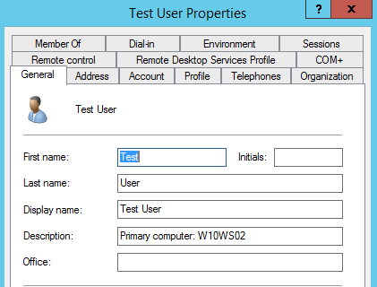 AD properties for Test User with the description updated to Primary computer: W10WS02