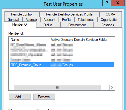 AD Member Of tab for Test User showing the new RES_Example_Group membership
