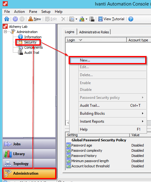 Ivanti Automation Console, Administration > Security, with New selected to add a login