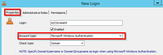 Ivanti Automation New Login properties for the service account, with Account type set to Microsoft Windows Authentication