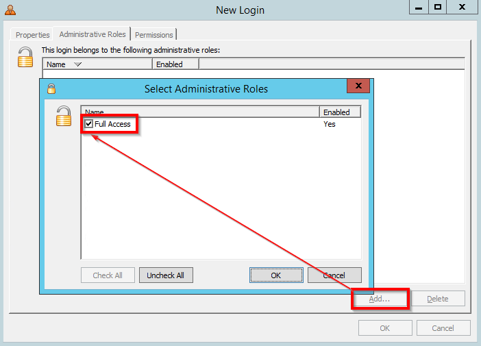 New Login Administrative Roles tab with the Full Access role checked for the service account