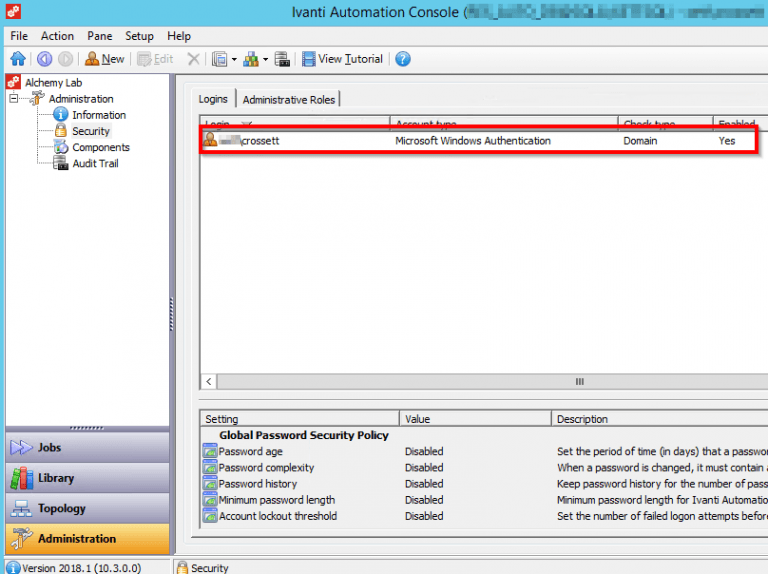 Ivanti Automation Console Security logins list showing the new Windows Authentication domain account enabled