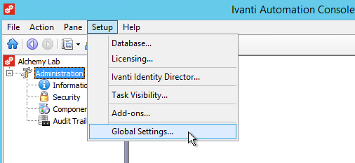 Ivanti Automation Console Setup menu with Global Settings selected