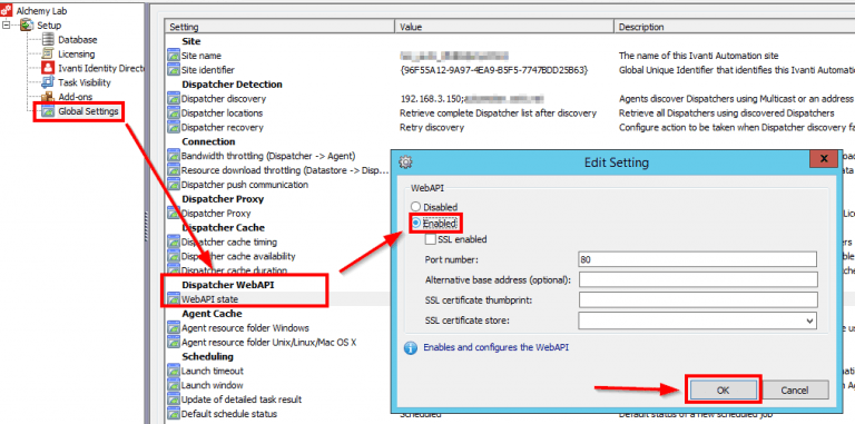 Ivanti Automation Global Settings with Dispatcher WebAPI state set to Enabled on port 80