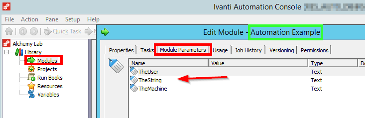 Automation Example module parameters TheUser, TheString and TheMachine, all of type Text