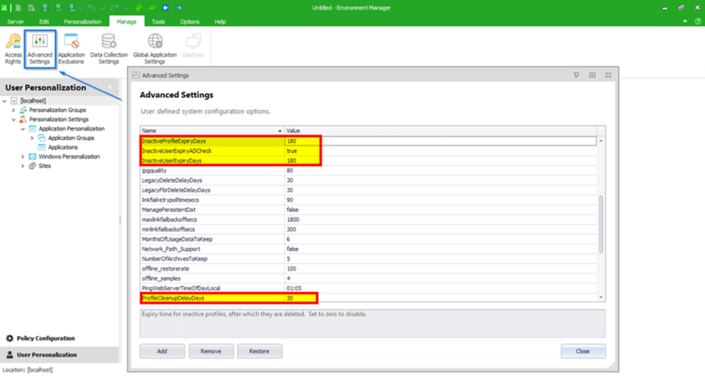 EM Personalization Advanced Settings with inactive profile and user expiry at 180 days and ProfileCleanupDelayDays at 30