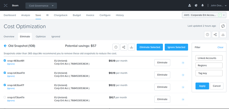Nutanix Beam Cost Optimization view recommending elimination of 108 AWS snapshots older than 365 days