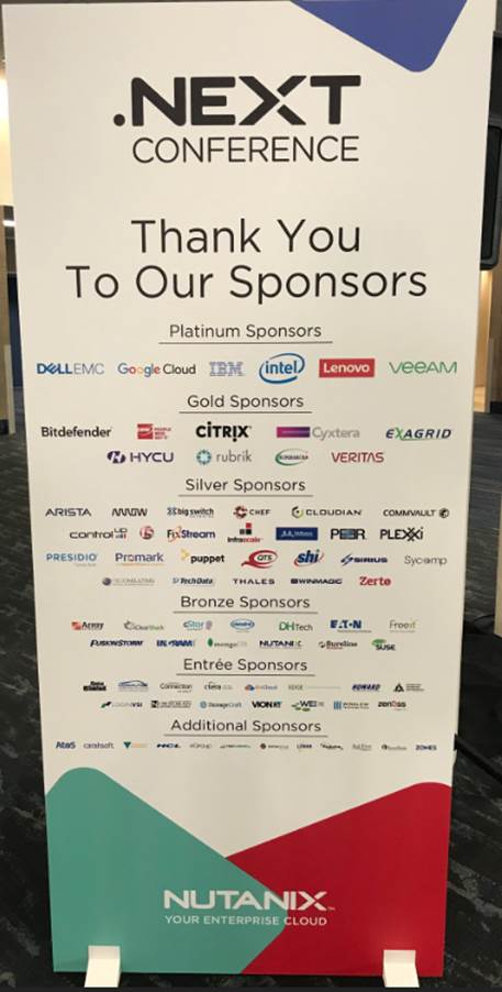 .NEXT Conference sponsor banner thanking platinum sponsors Dell EMC, Google Cloud, IBM, Intel, Lenovo and Veeam, plus others
