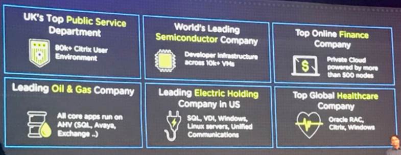 Keynote slide of enterprise customers running core workloads on Nutanix, from a UK public service to oil and gas