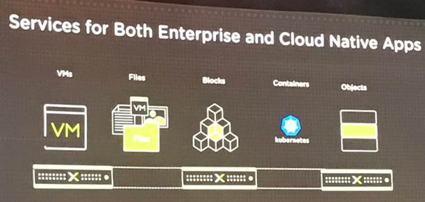 Keynote slide, Services for Both Enterprise and Cloud Native Apps: VMs, files, blocks, Kubernetes containers and objects