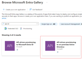 Microsoft Entra Gallery search results with the API-driven provisioning to on-premises Active Directory app highlighted
