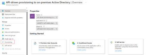 Overview of the API-driven provisioning to on-premises Active Directory enterprise app, with Provisioning highlighted in the menu