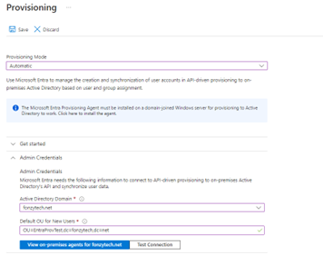 Entra provisioning in Automatic mode with the AD domain, default OU for new users and View on-premises agents button