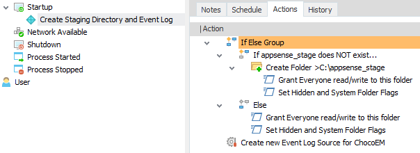 EM Startup node that creates the C:\appsense_stage folder, grants Everyone read/write and registers a ChocoEM event log source