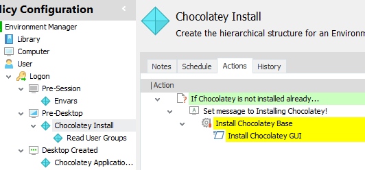 EM Pre-Desktop Chocolatey Install node: if Chocolatey is not installed, show a message and install the Chocolatey base and GUI
