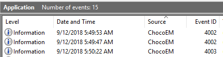 Windows Application event log with two ChocoEM 4002 events and one 4003 event after logon