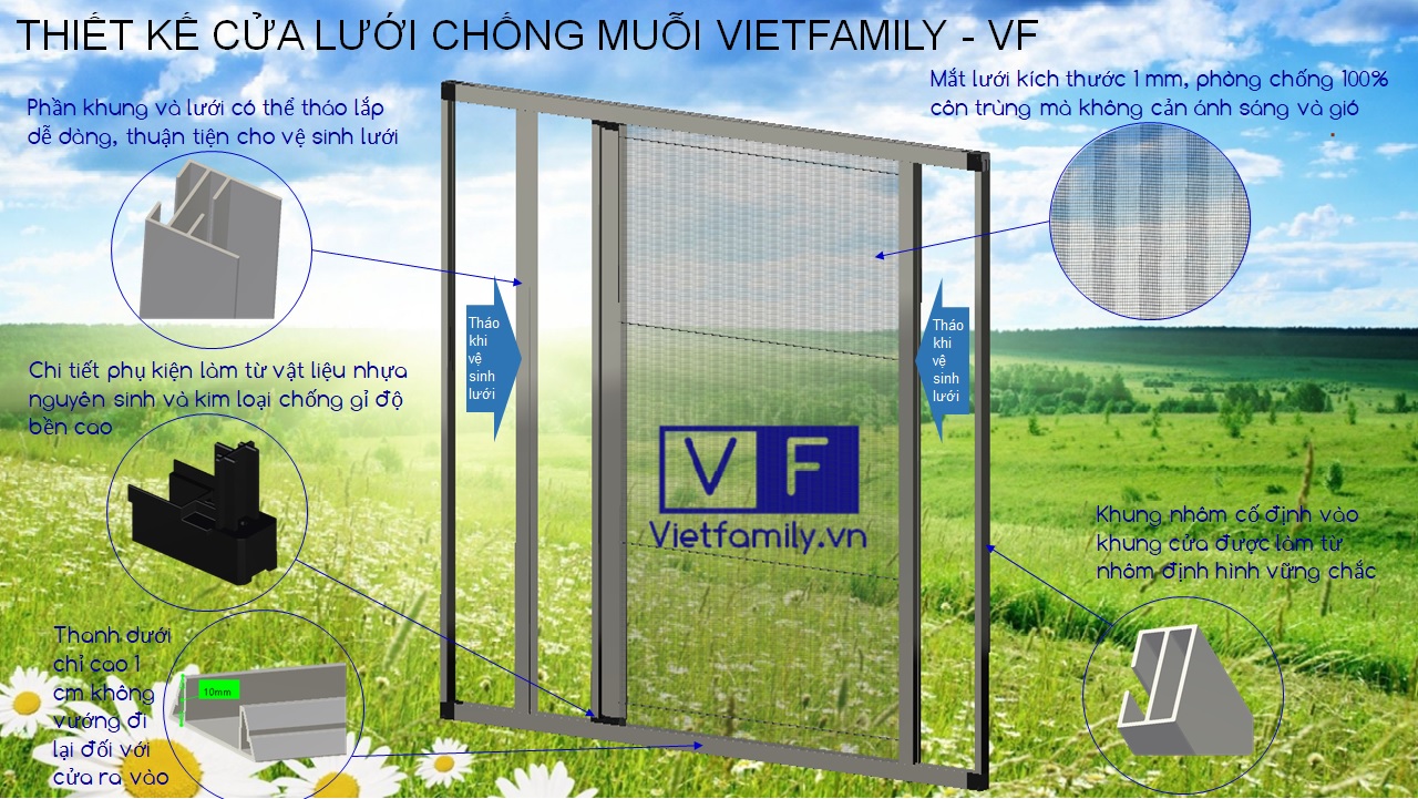 Cửa lưới chống muỗi Vietfamily thiết kế nhỏ gọn, tinh tế và thẩm mỹ